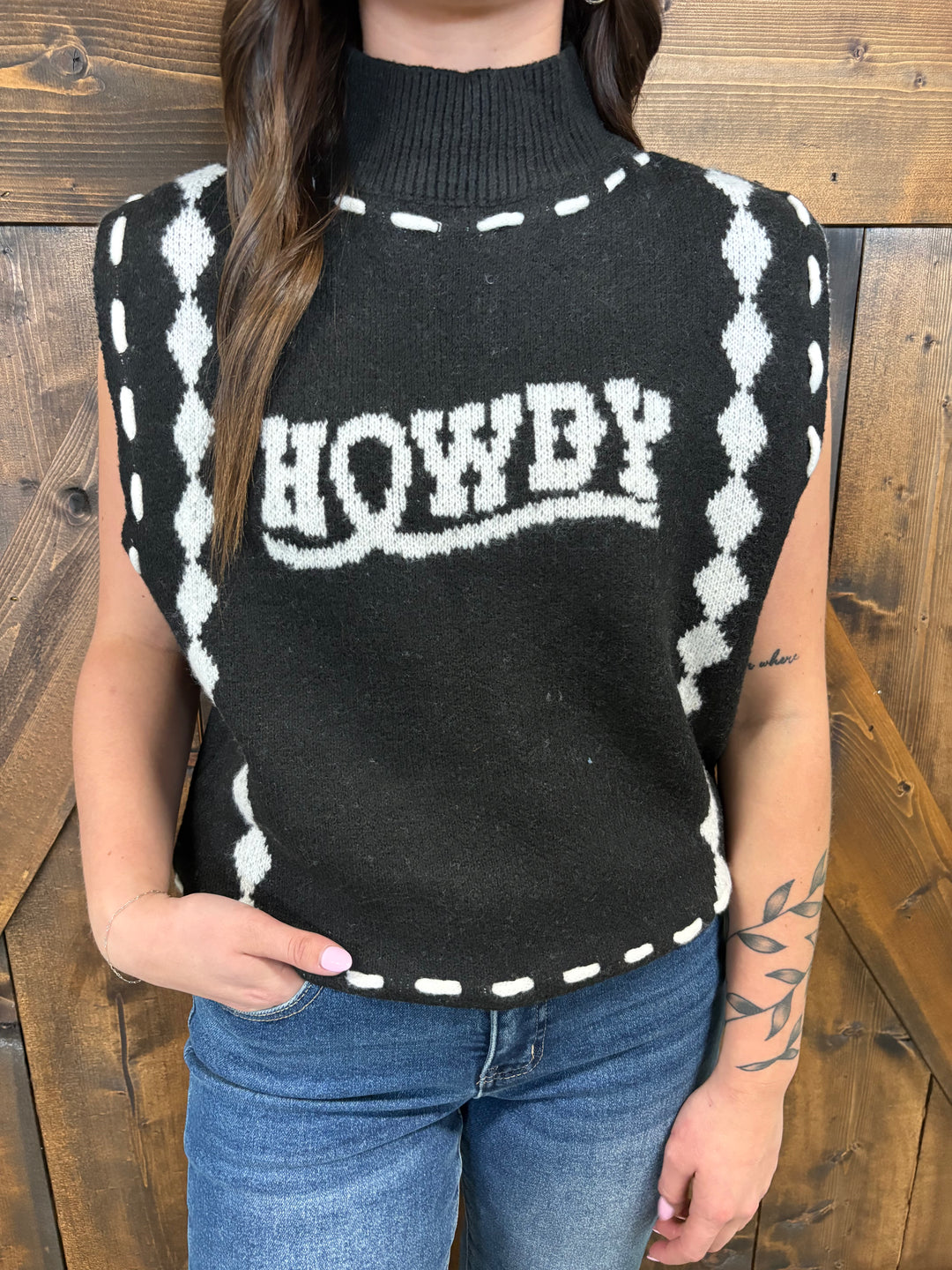 L&B Black & Ivory Howdy Stitched Sweater Vest