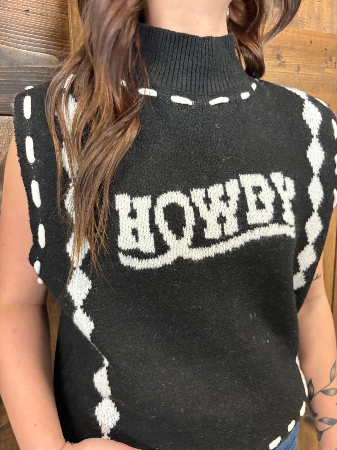 L&B Black & Ivory Howdy Stitched Sweater Vest