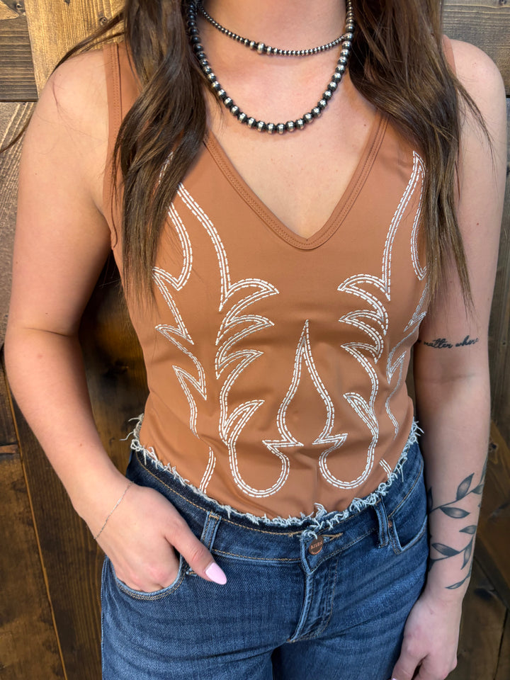 L&B Camel & Ivory Boot Stitch Embroidered Bodysuit