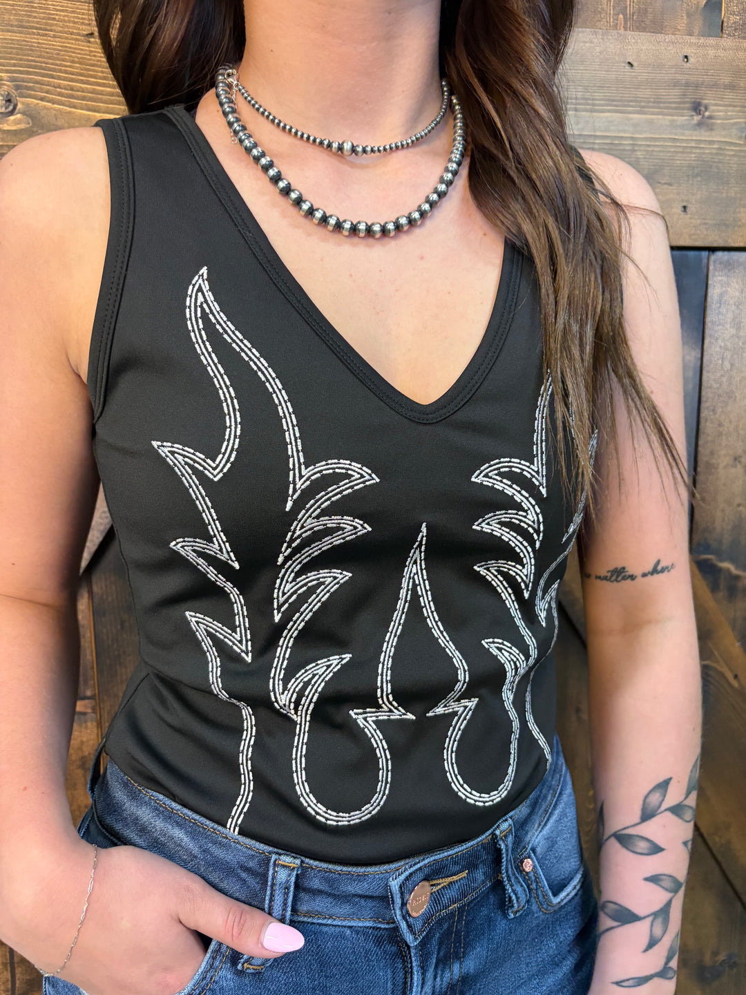 L&B Black & Ivory Boot Stitch Embroidered Bodysuit