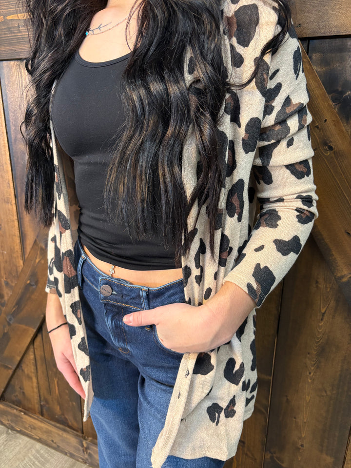 Khaki Leopard Print Knit Cardigan