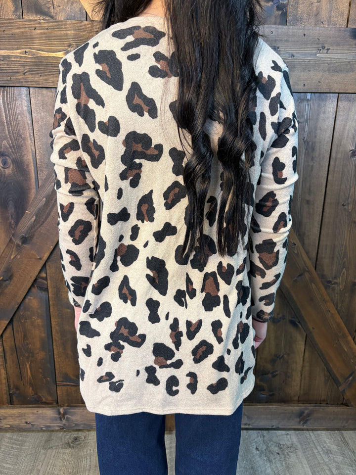 Khaki Leopard Print Knit Cardigan