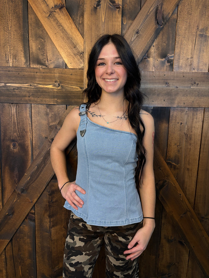 L&B Light Wash One Shoulder Denim Top