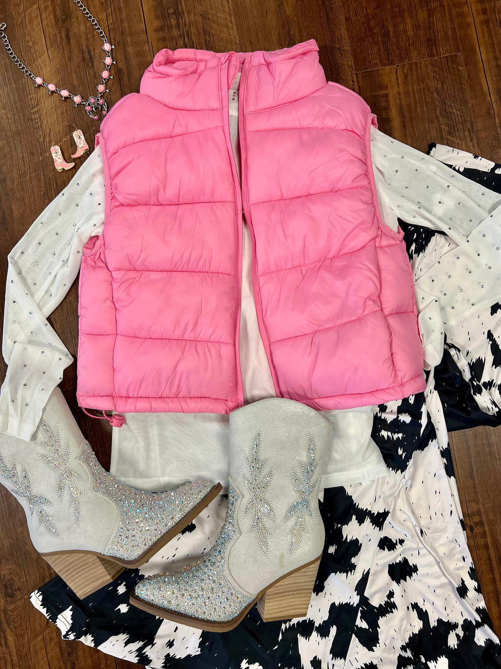 puffer vest, zip up, cotton candy pink. Small Business. Get Gussied Up