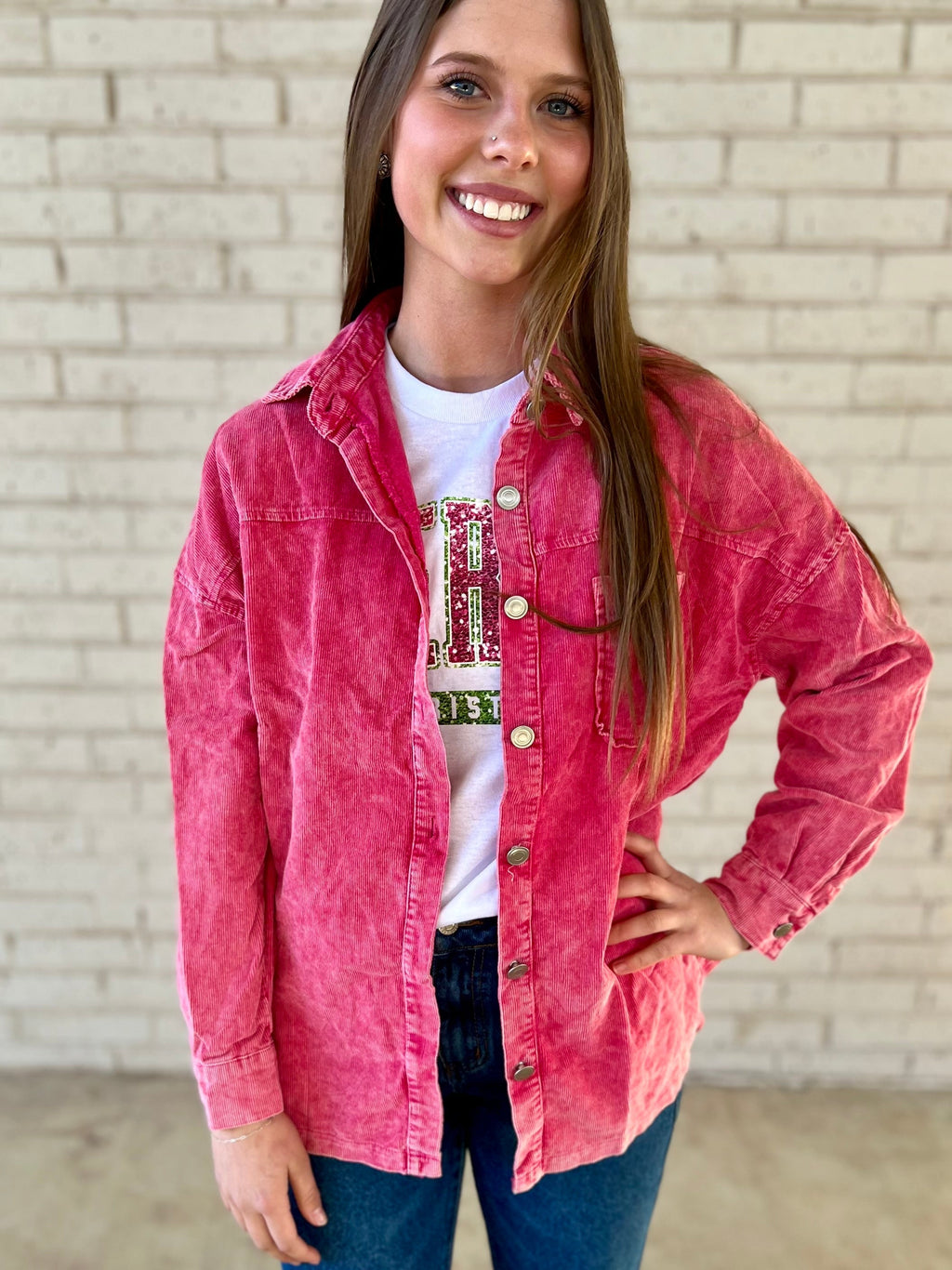 This Pink Acid Wash Corduroy Shacket is perfect for days when you just can't decide! It's the perfect mix of oversized style with a hi-low hem and long sleeve cut, making it oh-so-versatile. The acid-washed pink hue adds a side of chill, while front button closure keeps it fresh and flirty. Throw it on and go!  100% Polyester