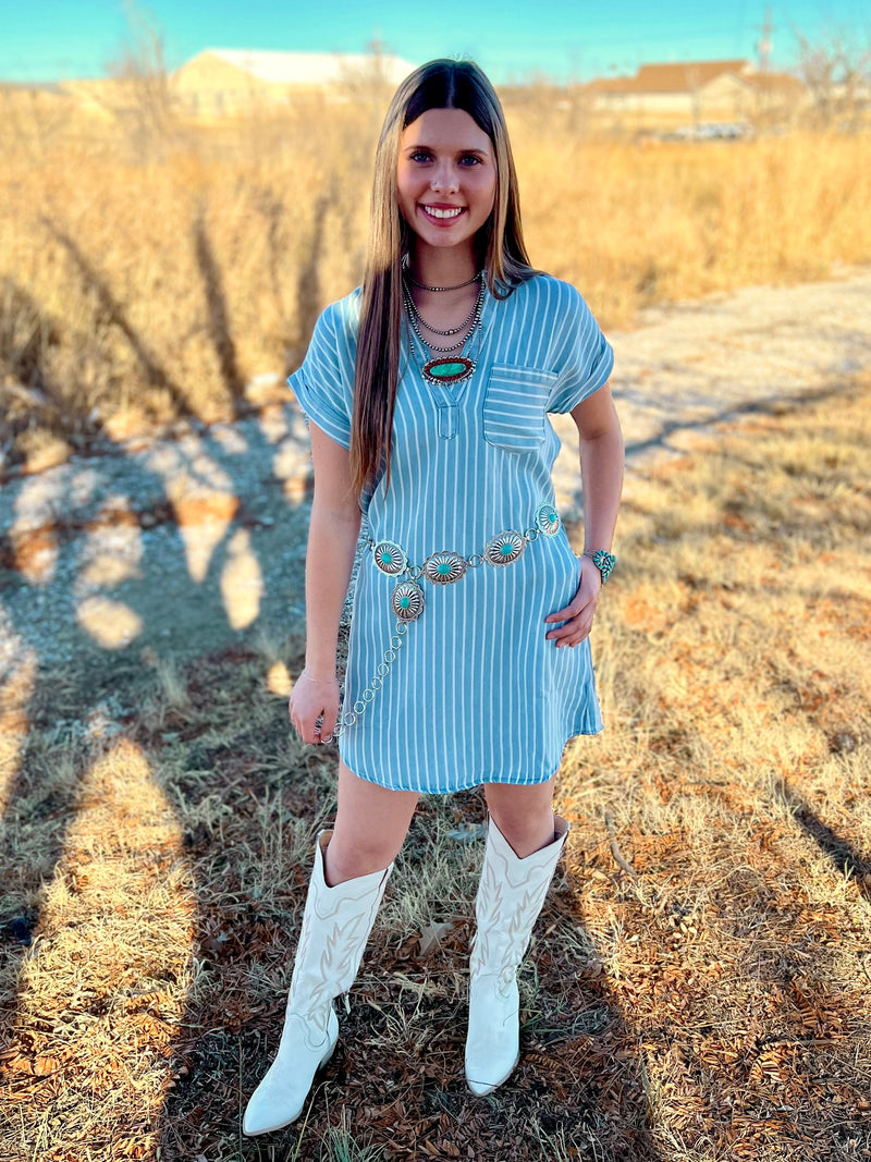 pin striped, short sleeve, dress, front pockets, knee length. Small Business. Woman Owned Boutique.  