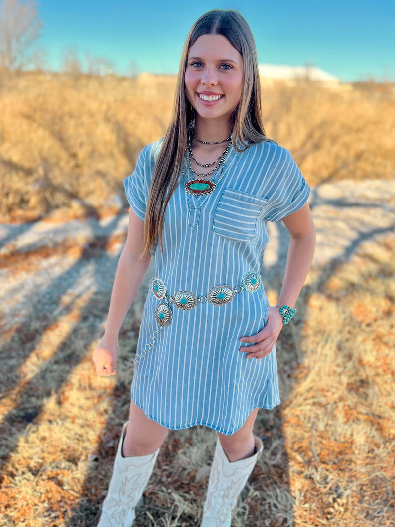 pin striped, short sleeve, dress, front pockets, knee length. Small Business. Woman Owned Boutique.  