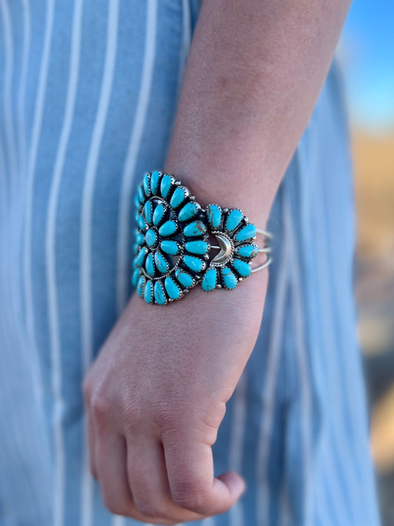 Sterling Silver, Cuff Bracelet, Indian Handcrafted, Genuine Turquoise. Small Business. Woman Owned Boutique.