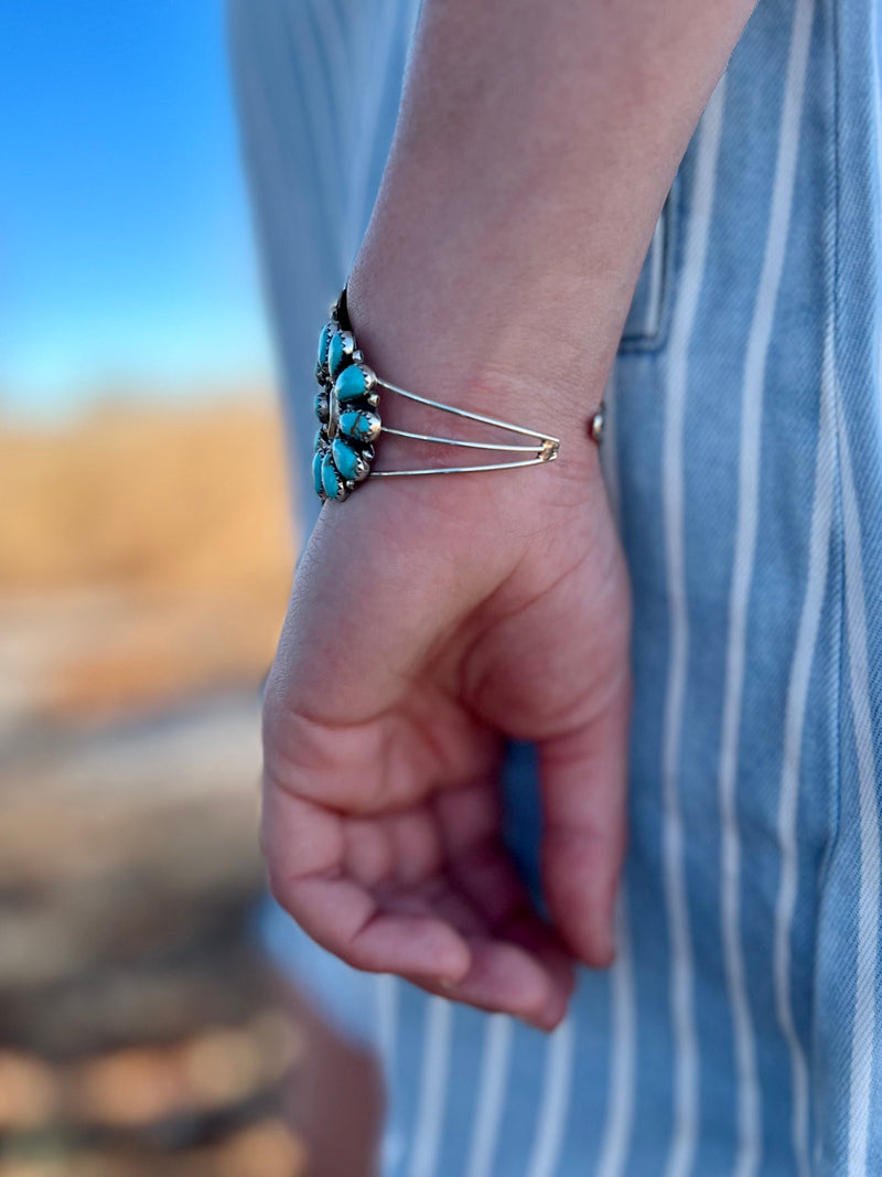 Sterling Silver, Cuff Bracelet, Indian Handcrafted, Genuine Turquoise. Small Business. Woman Owned Boutique.