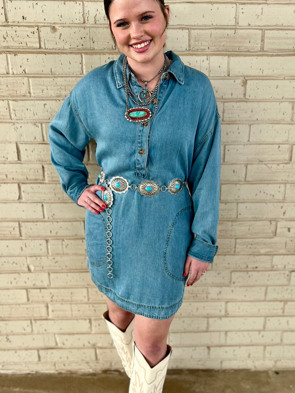 long sleeve, denim, knee length. Woman Owned Business. Small Business. Get Gussied Up