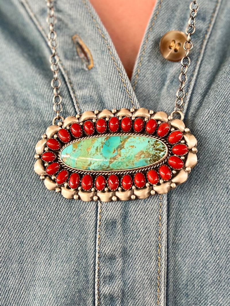 Genuine sterling silver necklace. Authentic turquoise stone pendent. Navajo handmade jewelry. Red stone pendent. Small business. Woman owned business. Get Gussied Up Boutique 