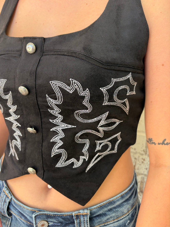 Black Suede Boot Stitch Embroidered Corset Top