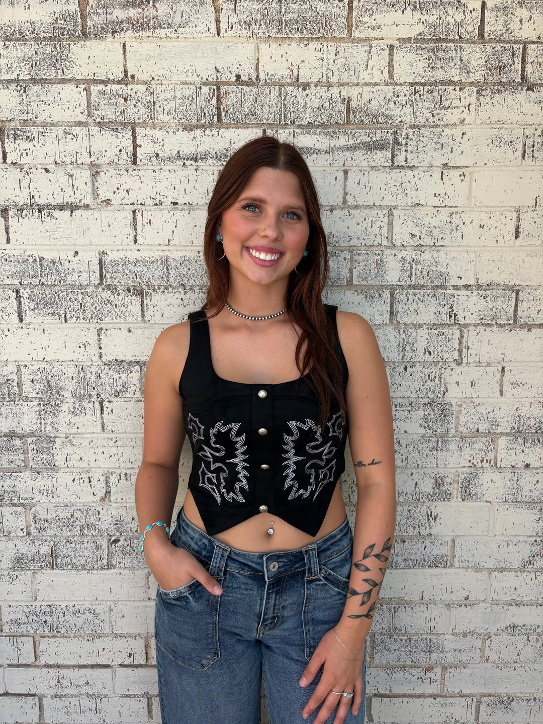 Black Suede Boot Stitch Embroidered Corset Top