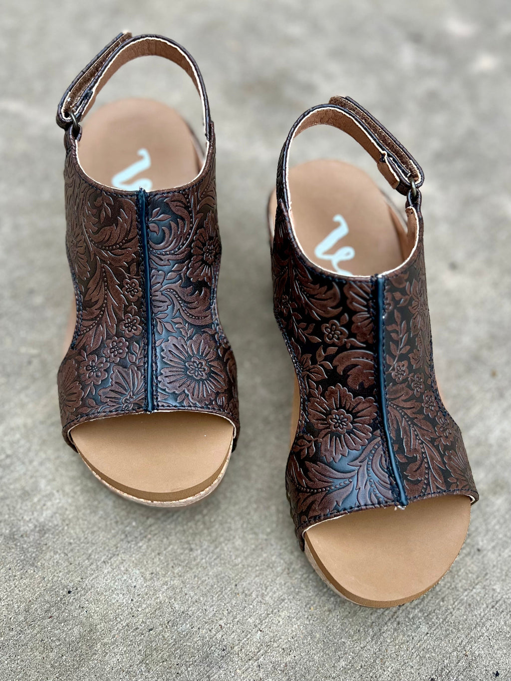 wedges, floral tooled, chocolate brown, strap, sandals. Get Gussied Up. Small Business. 