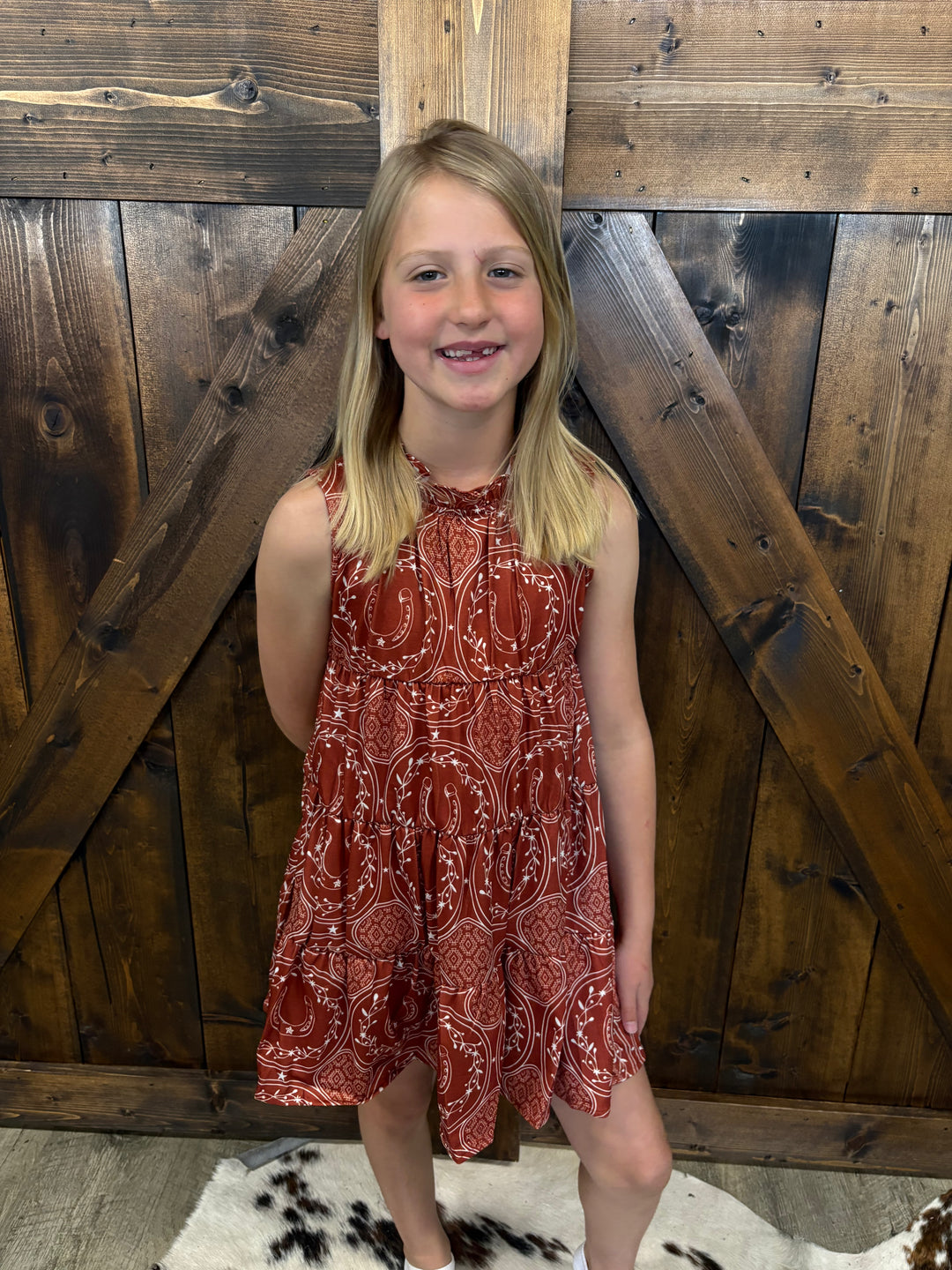 KIDS L&B Rust Horseshoe Aztec Printed Sleeveless Dress