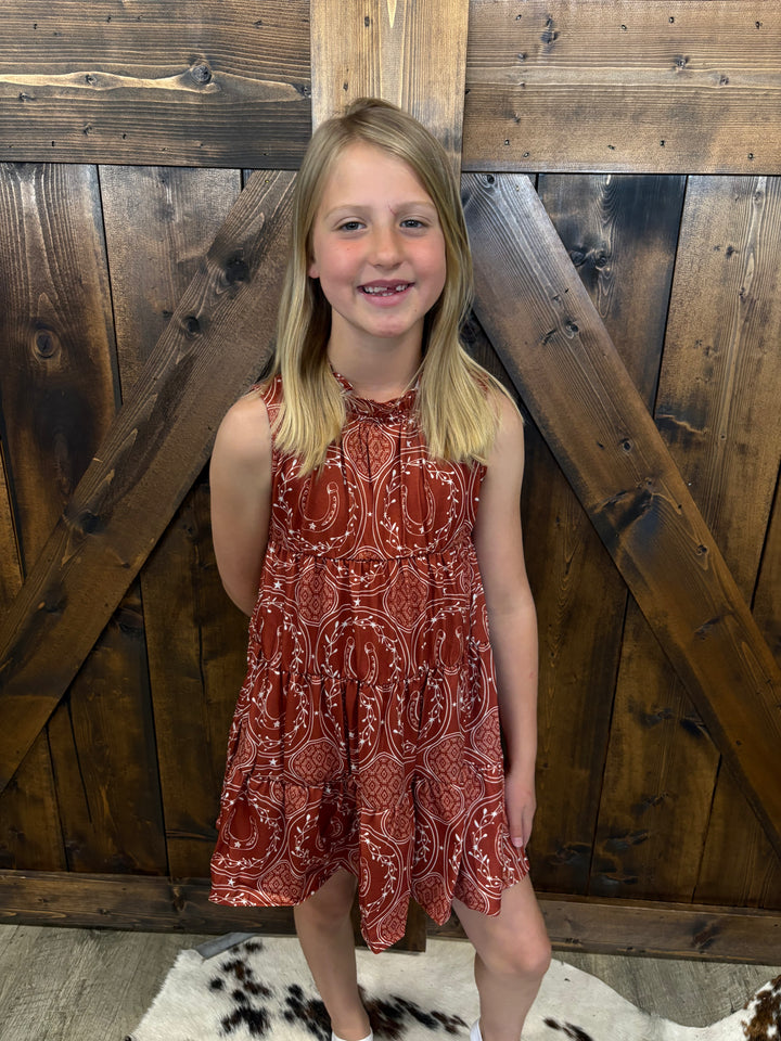 KIDS L&B Rust Horseshoe Aztec Printed Sleeveless Dress