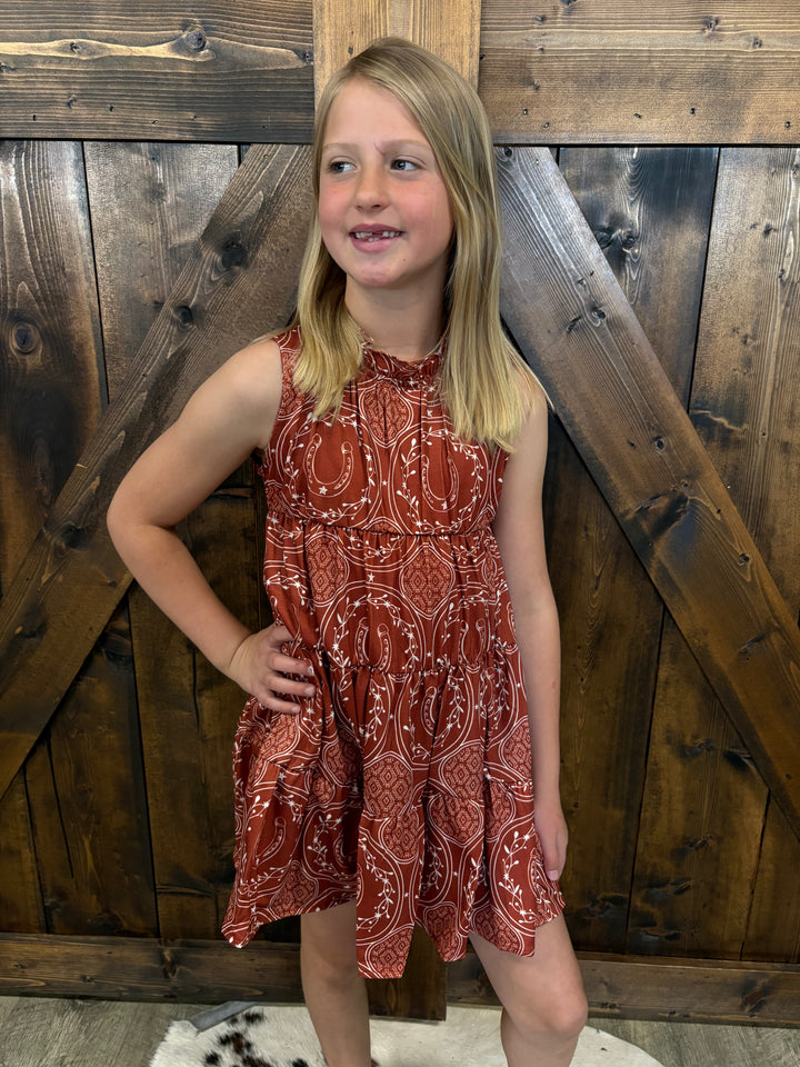 KIDS L&B Rust Horseshoe Aztec Printed Sleeveless Dress