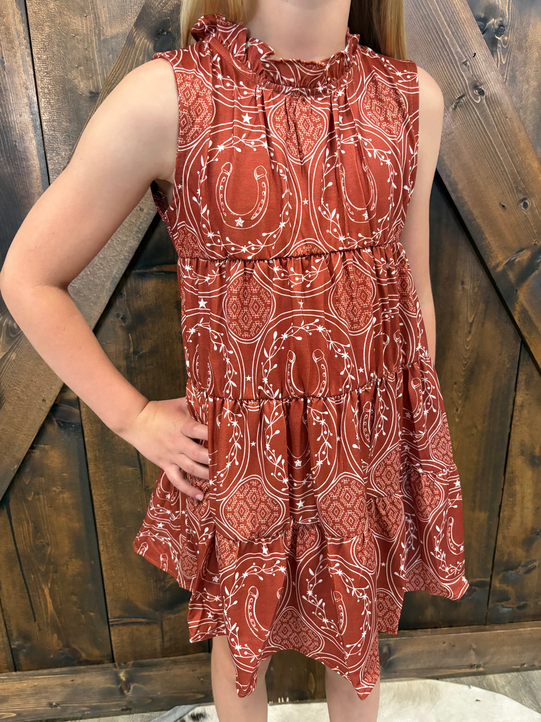 KIDS L&B Rust Horseshoe Aztec Printed Sleeveless Dress