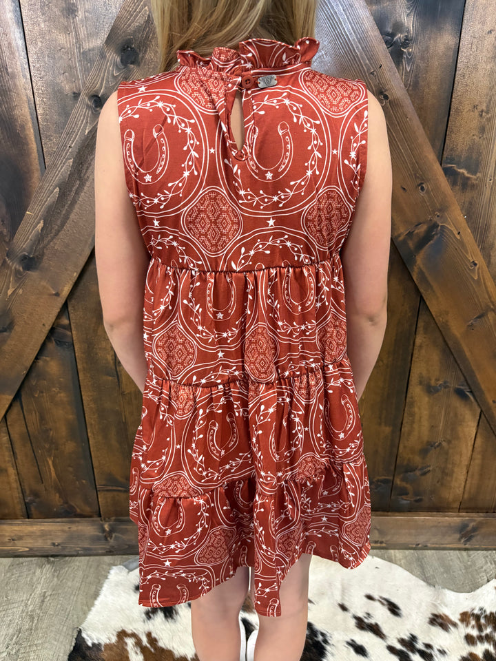 KIDS L&B Rust Horseshoe Aztec Printed Sleeveless Dress