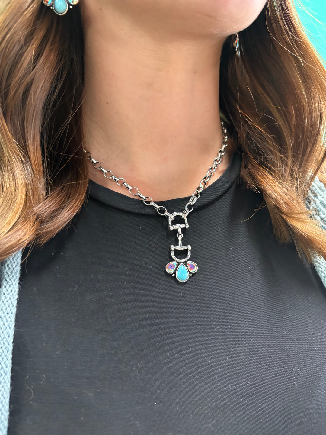 Western Snaffle Bit & Turquoise Stone Pendant Necklace