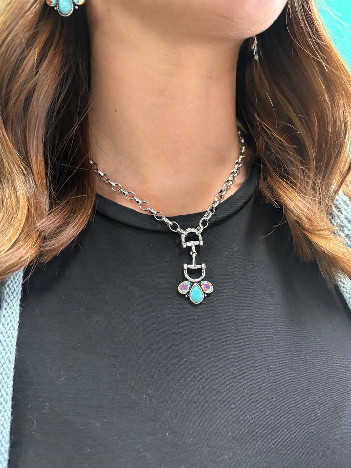 Western Snaffle Bit & Turquoise Stone Pendant Necklace