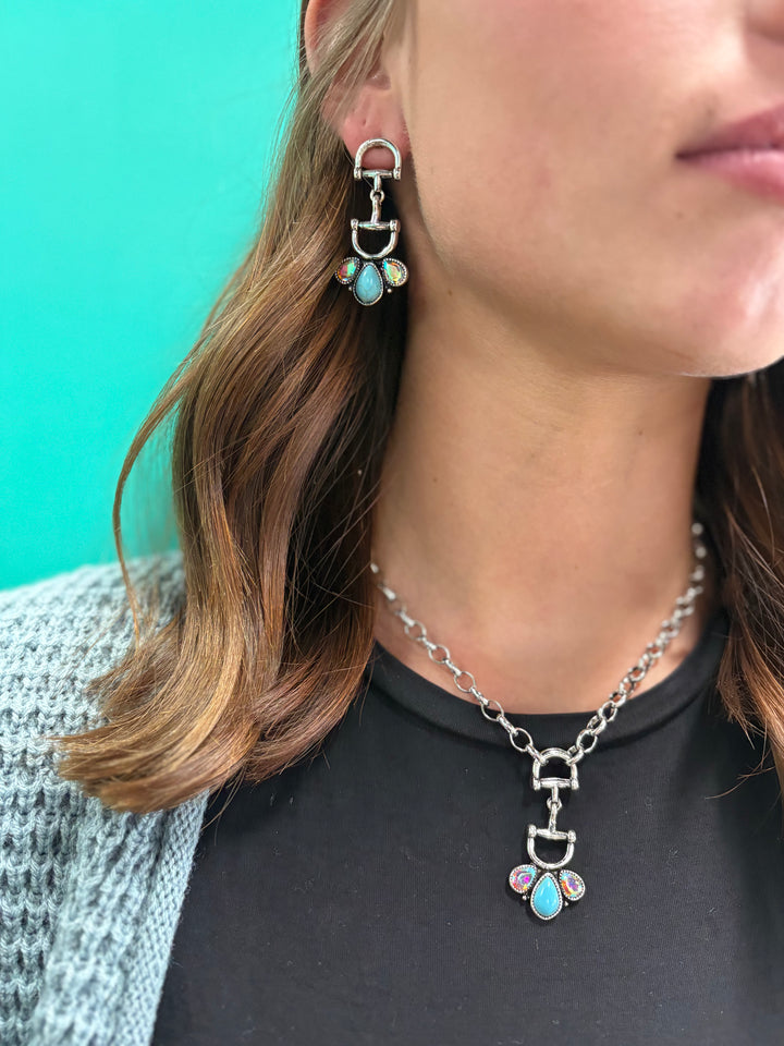 Western Snaffle Bit & Turquoise Stone Pendant Necklace