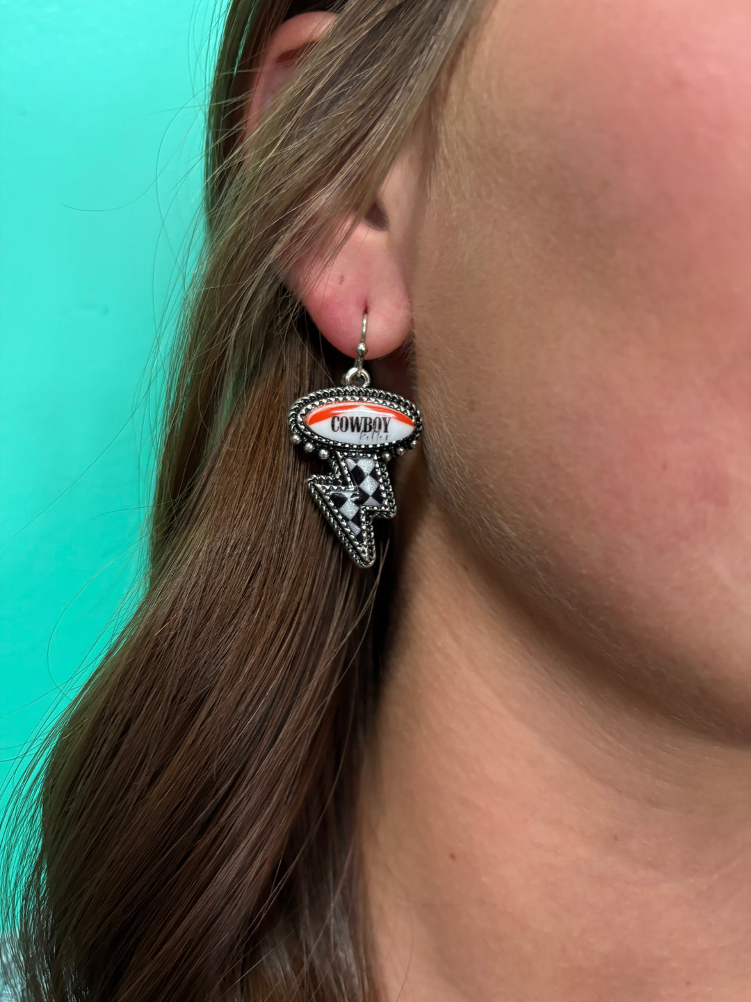 Western Checkered Lightning Bolt Cowboy Dangle Earrings
