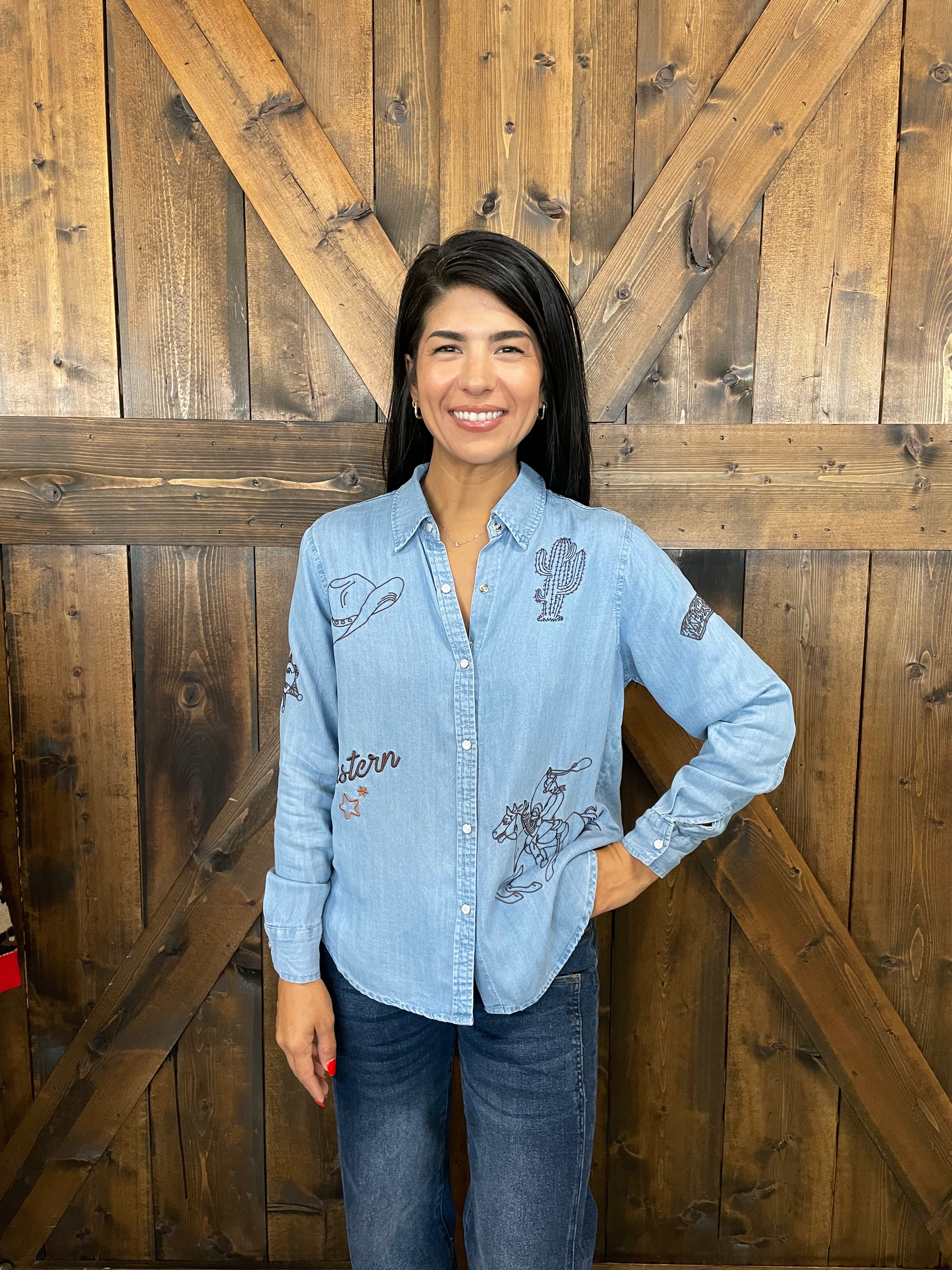 Western Denim Embroidered Snap Button Top I Gussied Up Online Boutique ...