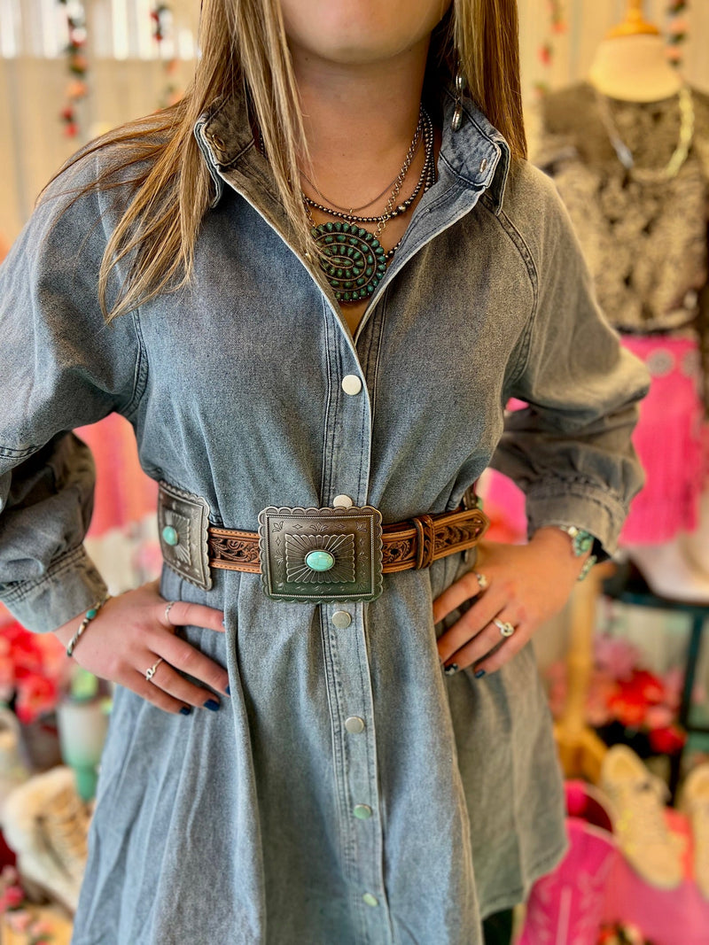 denim, long sleeve, silver flat button up, puff sleeves, knee length. Get Gussied Up. Woman Owned Boutique. Small Business. 
