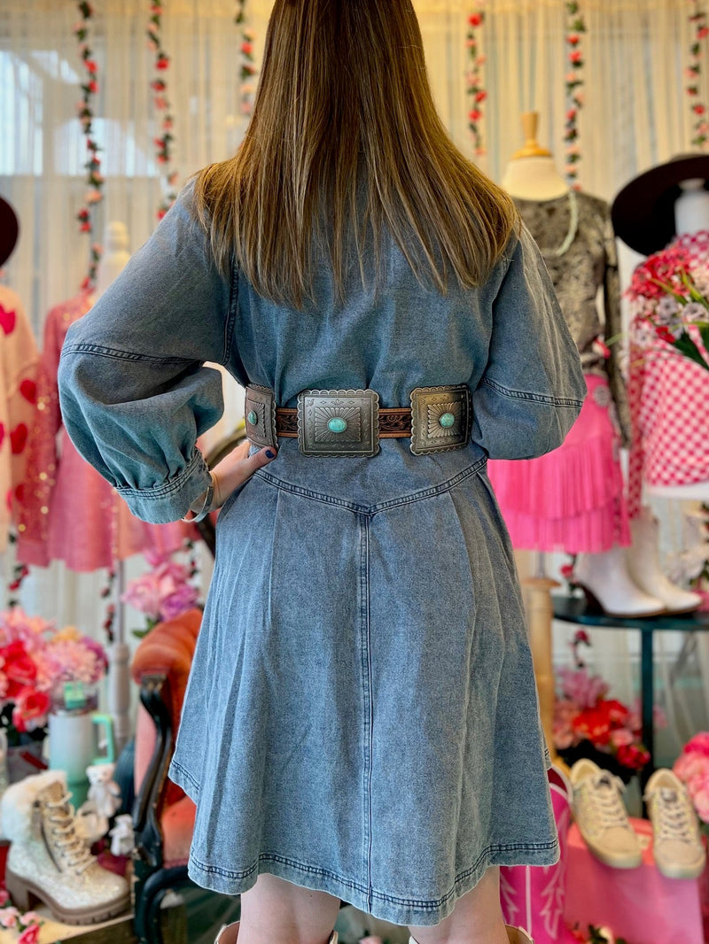 denim, long sleeve, silver flat button up, puff sleeves, knee length. Get Gussied Up. Woman Owned Boutique. Small Business. 