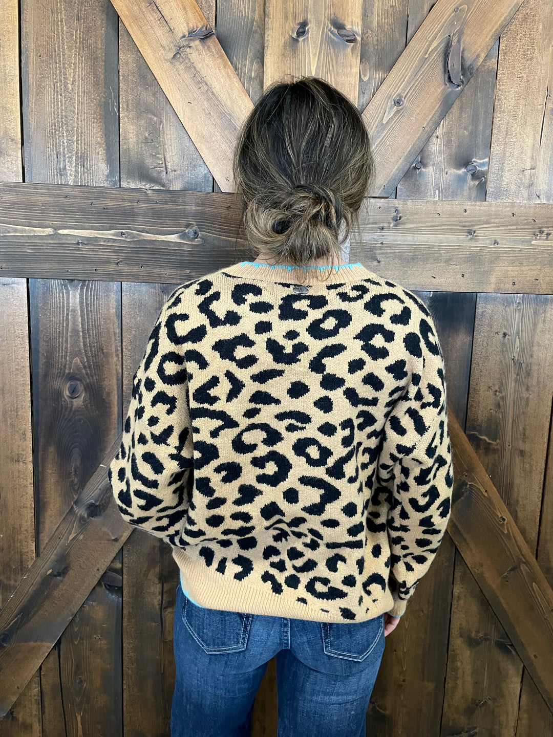 L&B Brown Leopard Knit Saddle Up Stitched Sweater
