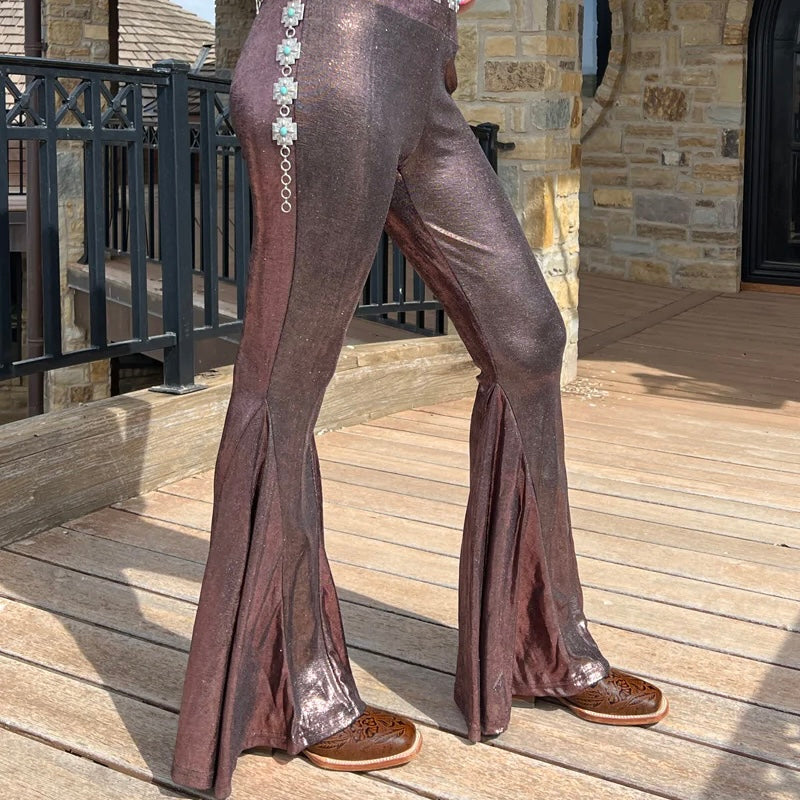 Show off your style with these PLUS TIME TO SHINE BELLS COPPER! These eye-catching copper-colored metallic bell bottoms will get you noticed from head to toe and keep the compliments coming in! Strike a pose and bring out your inner trendsetter — it's time for you to shine!  olivia is wearing an XS  92% POLYESTER 8% SPANDEX