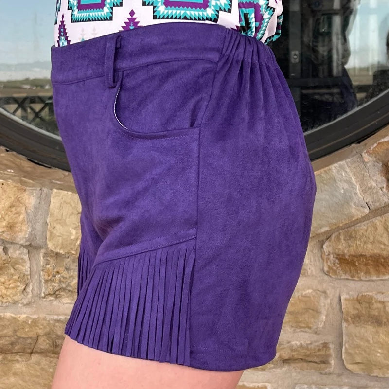 Shake up your style with the PLUS Nashville Babe Shorts! These purple suede fringed shorts will make you the envy of Music City! So strut your stuff and show off your one-of-a-kind style! Yee-haw!     92% POLYESTER 8% SPANDEX