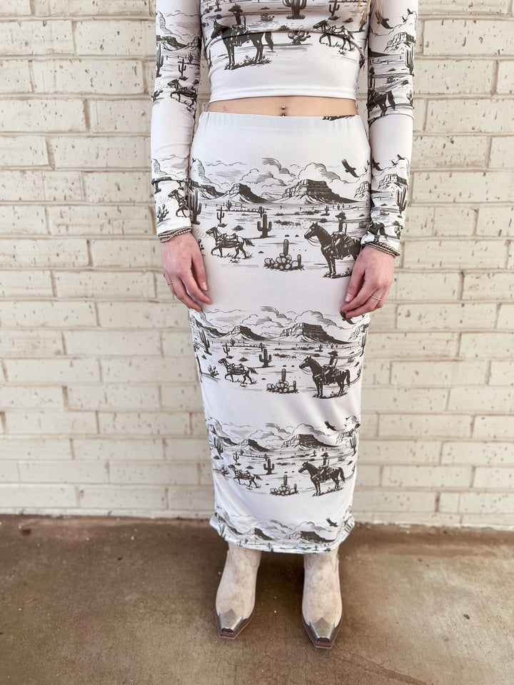 Ivory Western Desert Top and Midi Skirt Set | gussieduponline
