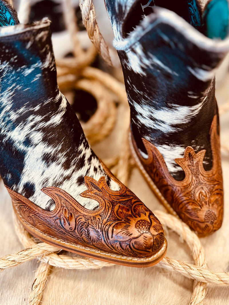 Frisco Blossom Hair On Hide Tooled Booties | gussieduponline