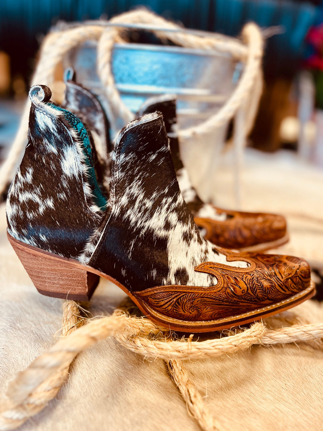 Frisco Blossom Hair On Hide Tooled Booties | gussieduponline