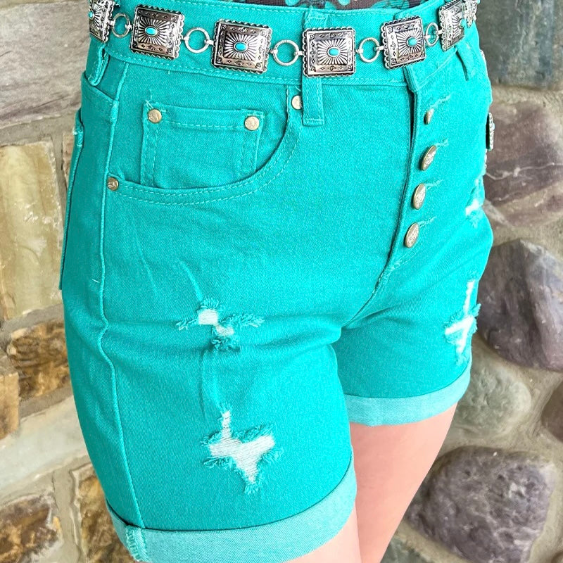 These Tennessee Walking Shorts are not your ordinary shorts, their bold turquoise shade adds a playful pop of color to any wardrobe while the button fly, rolled hem, and cut ensure your comfort and style. Take a walk on the wild side and grab yourself a pair!  50% cotton 22% loycell 2% spandex 26% polyester