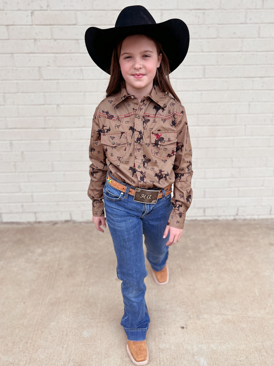 Kid's Vintage Bronc Brown Long Sleeve | gussieduponline