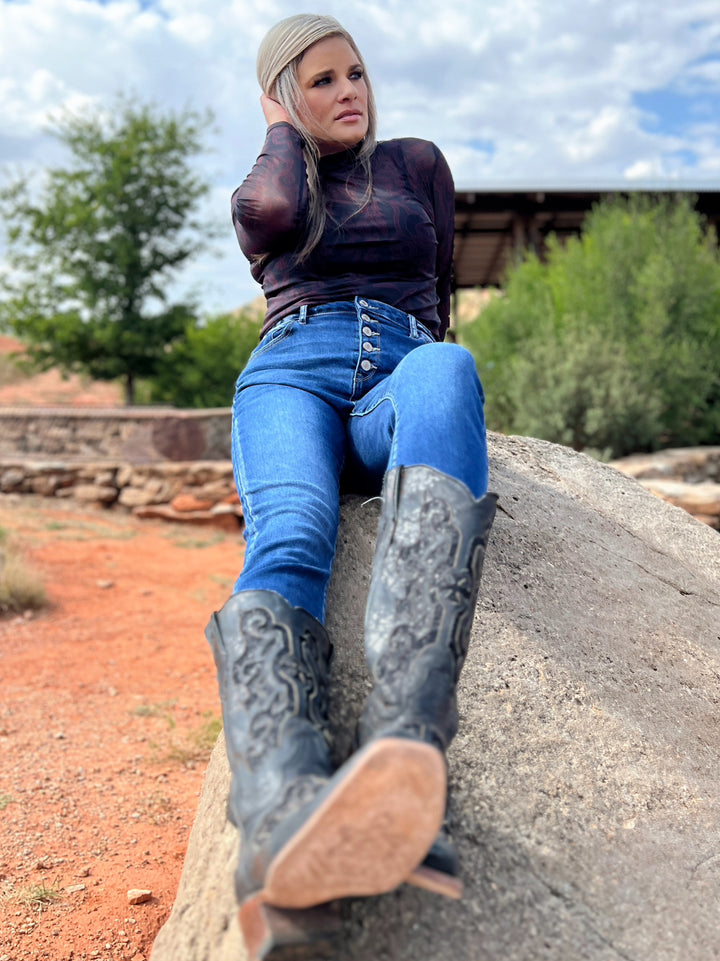 Bonfire Nights Red Stitch Print Mesh Top | gussieduponline