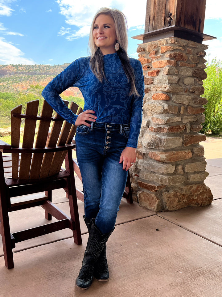 Bonfire Nights Blue Mesh Top | gussieduponline