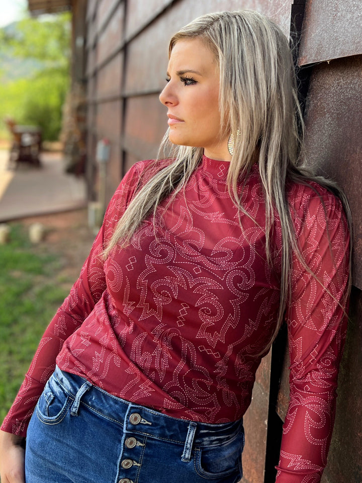 Bonfire Nights Maroon Mesh Top | gussieduponline