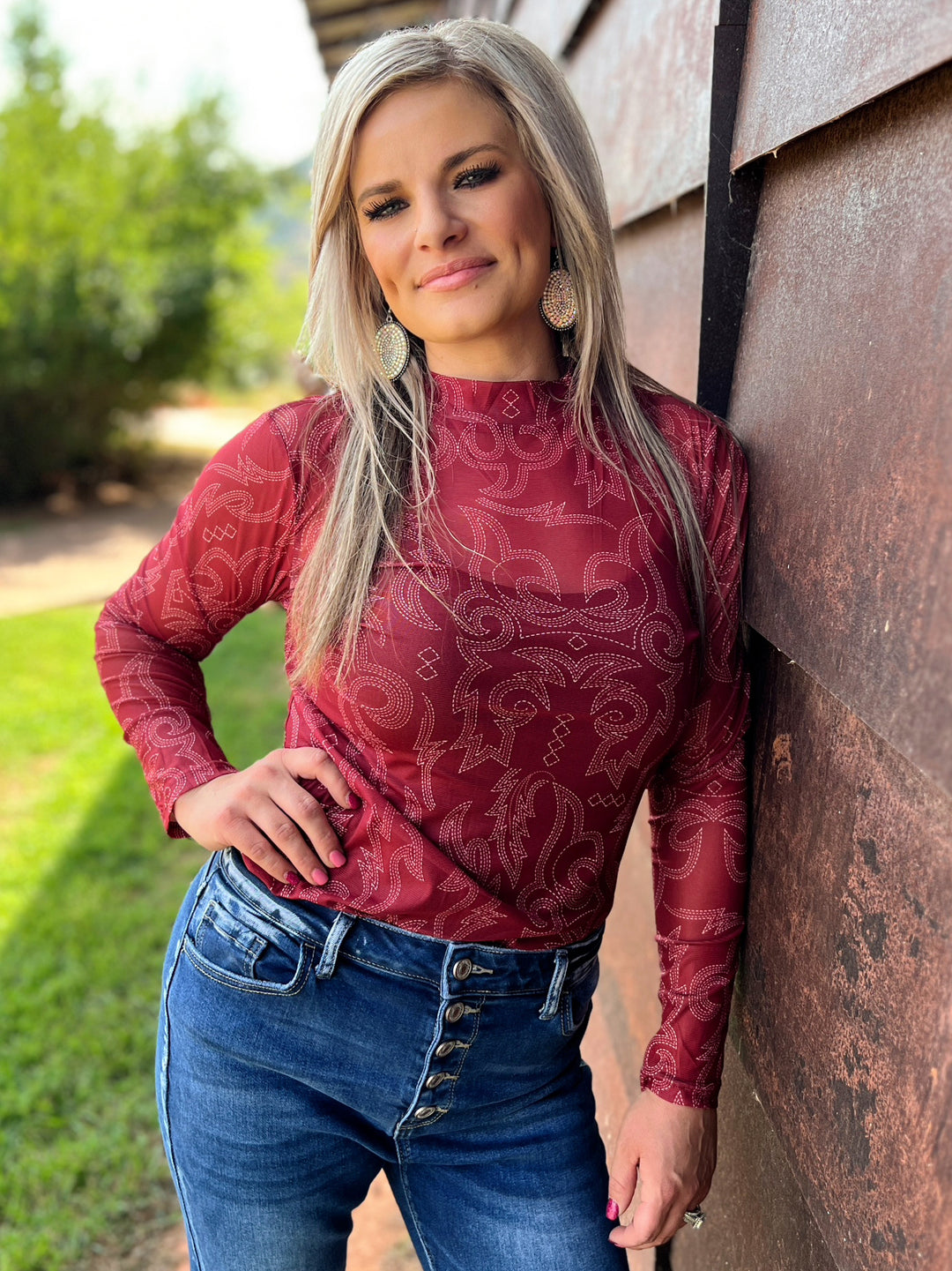 Bonfire Nights Maroon Mesh Top | gussieduponline