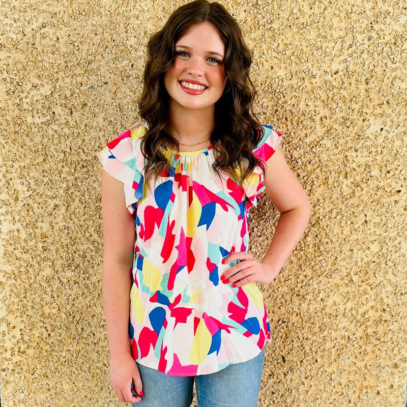 This abstract tank top is ideal for days in the summer sun. Crafted with 100% Polyester, it features a multi-colored print and ruffle sleeves for a unique look and feel. The lightweight fabric ensures comfortability, making it a perfect choice for any occasion.