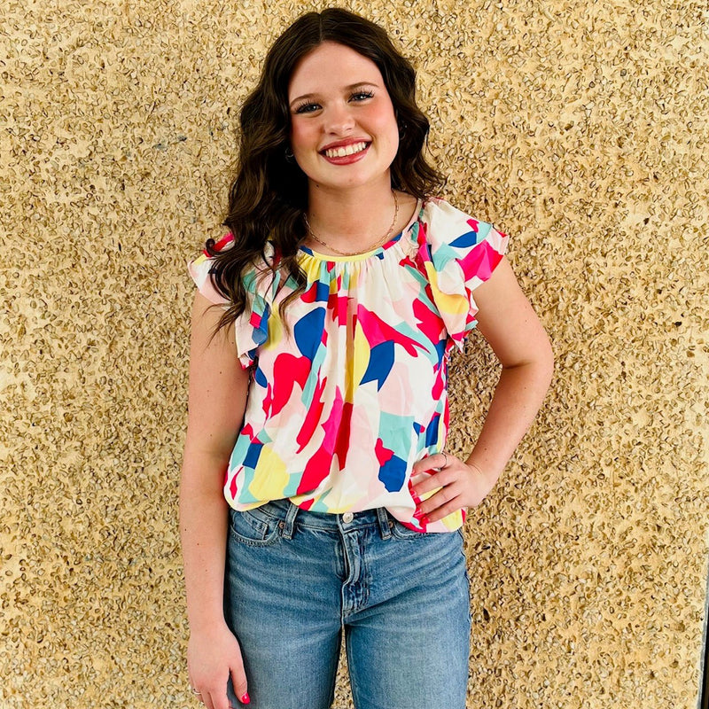 This abstract tank top is ideal for days in the summer sun. Crafted with 100% Polyester, it features a multi-colored print and ruffle sleeves for a unique look and feel. The lightweight fabric ensures comfortability, making it a perfect choice for any occasion.