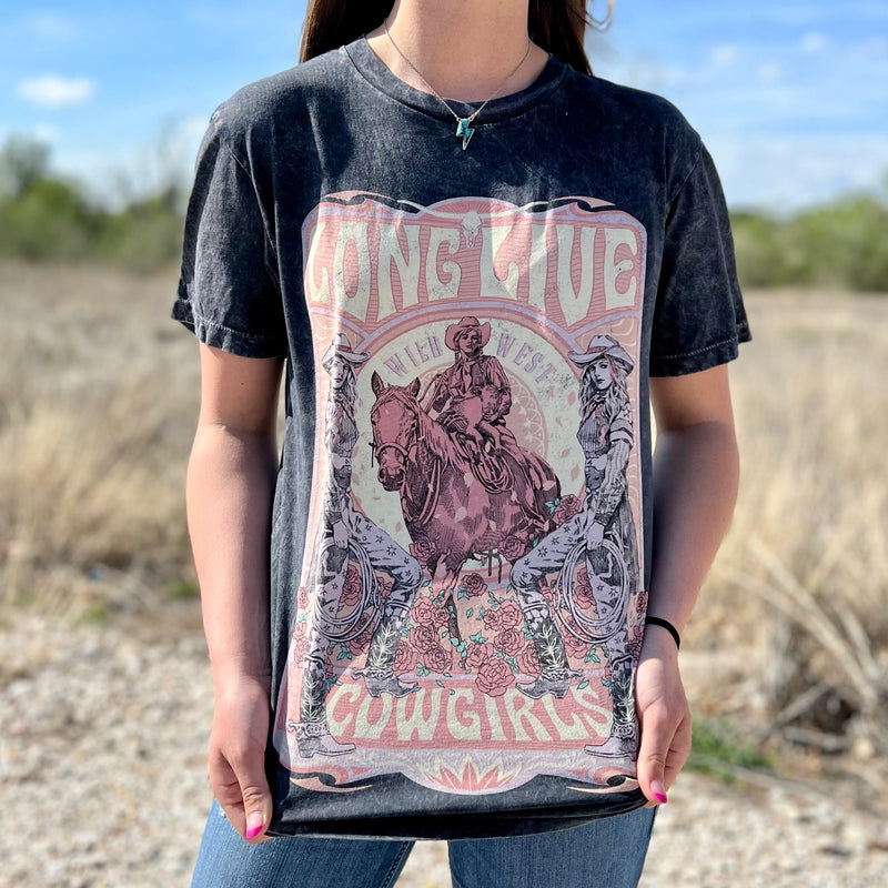 Give your wardrobe a wild west touch with this fun PLUS size Hand Drawn Cowgirl's Graphic Tee! Crafted with a cool black mineral washed base, this 100% cotton tee features a classic short sleeve cut, crew neckline, and an open neckline to keep you cool this summer. Yee-haw!