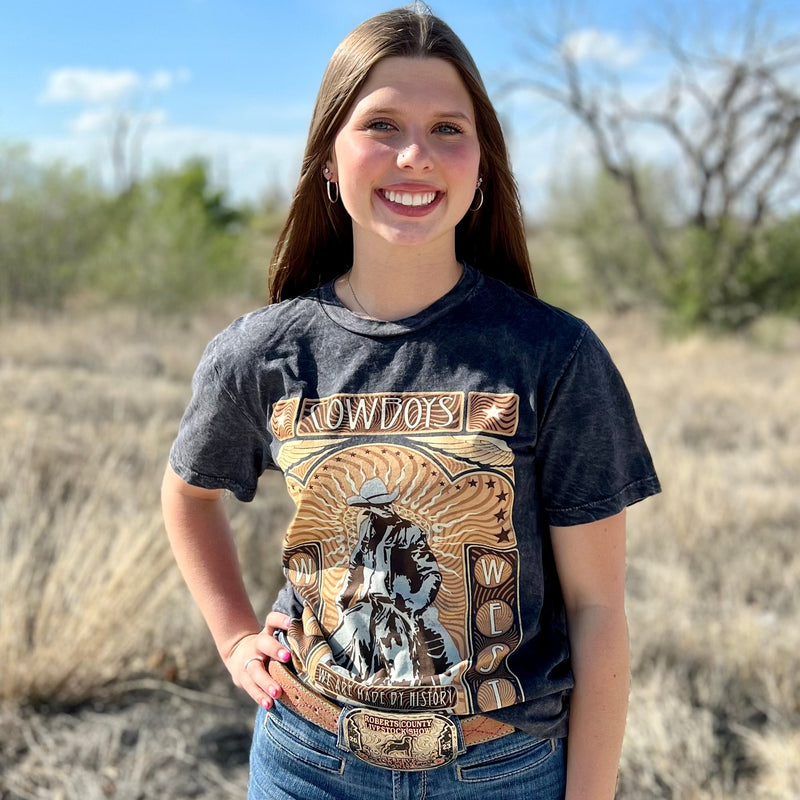 Our PLUS size Mineral Washed Cowboy History Graphic Tee is the perfect way to make a style statement! Made from 100% Cotton, this vintage black mineral washed tee is authentically hand-drawn, with an open neckline for extra comfort. Show off your Western pride with this must-have for any rodeo queen! 🤠