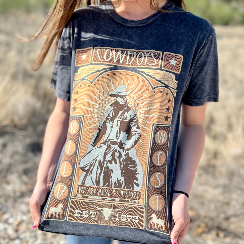 Our PLUS size Mineral Washed Cowboy History Graphic Tee is the perfect way to make a style statement! Made from 100% Cotton, this vintage black mineral washed tee is authentically hand-drawn, with an open neckline for extra comfort. Show off your Western pride with this must-have for any rodeo queen! 🤠