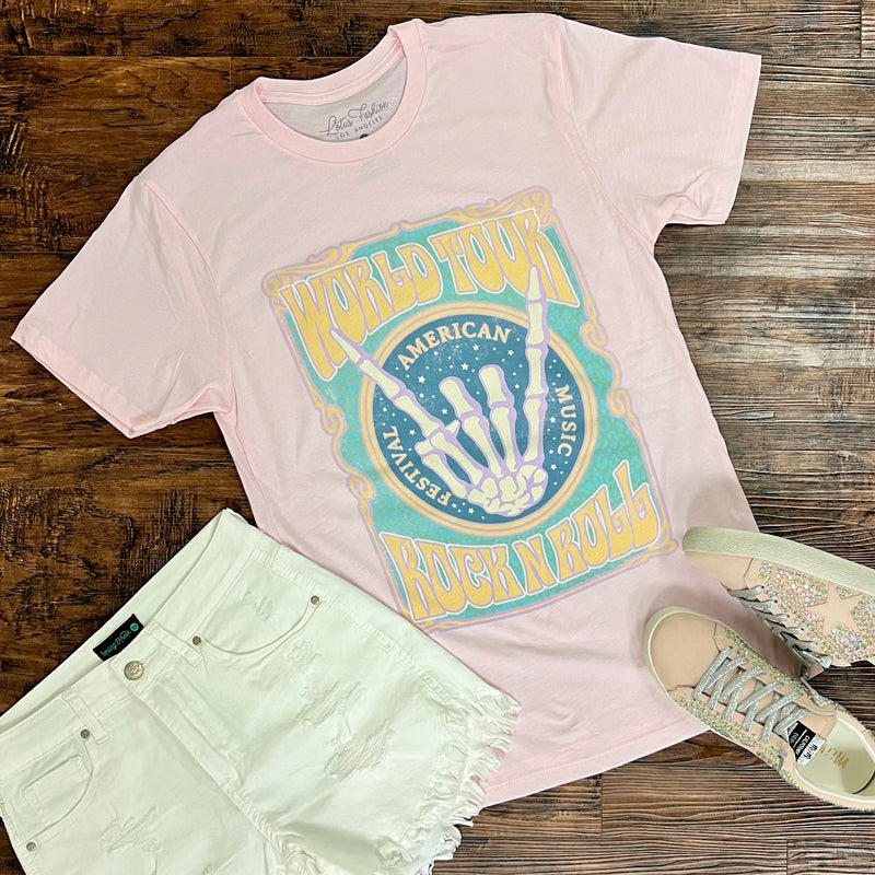 Are you ready to rock the world? Slip on this pink, 100% cotton graphic tee and set off on an epic musical journey. From the open neckline to the signature graphic, this short sleeve, crew neck is an absolute must-have for any rock and roll fan! Live your best life in style!