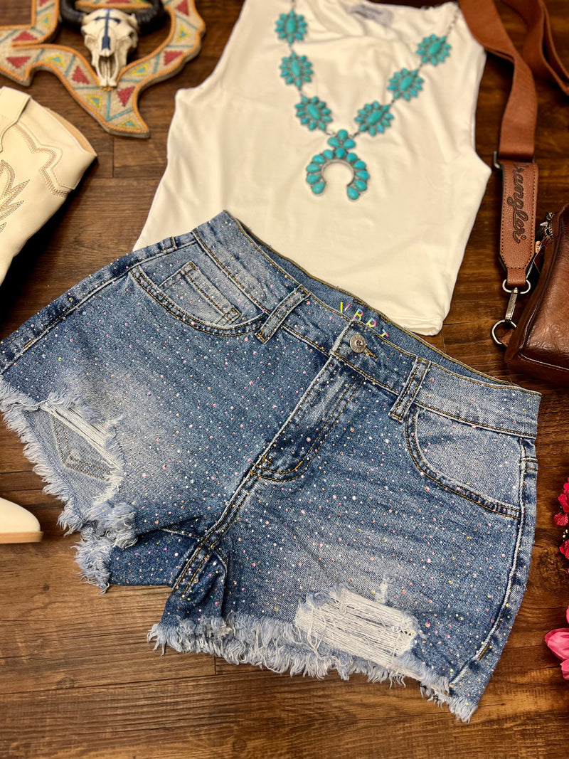 jean shorts, cut offs, distressed, rhinestone detail. Get Gussied Up. Woman Owned Boutique. Small Business. 