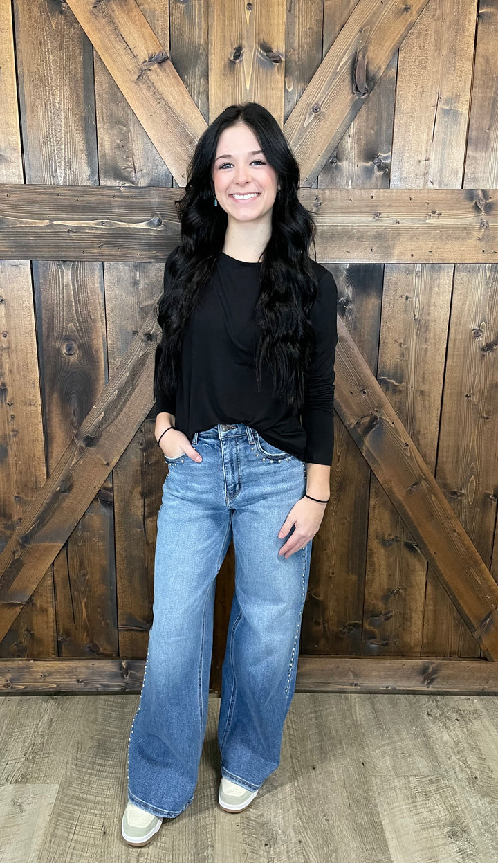 Studded Medium Wash High Rise Wide Leg Jeans